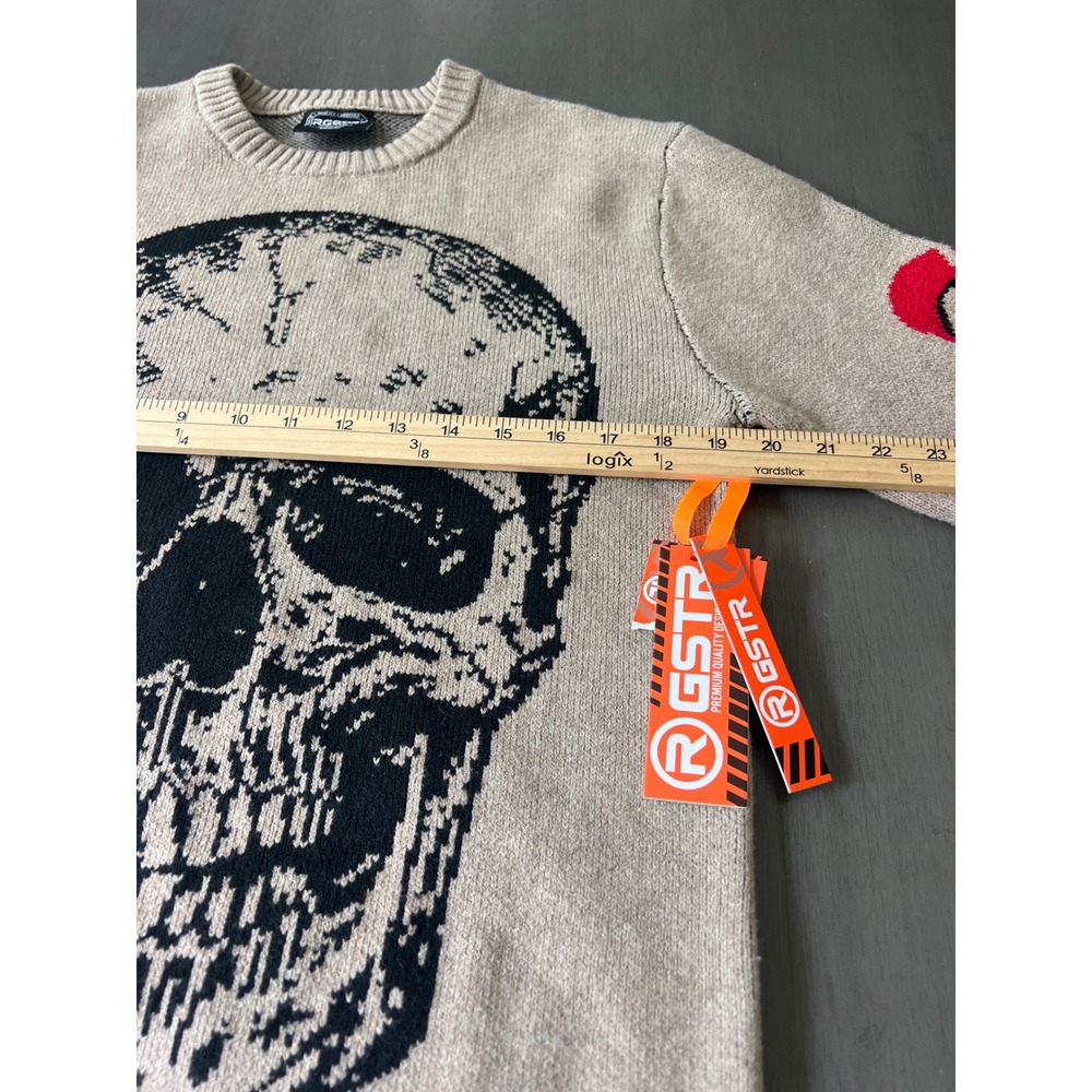 RGSTR Men's Skull Graphic Sweater Tan Streetwear Broken Heart Sleeve Small NWT - Picture 5 of 7